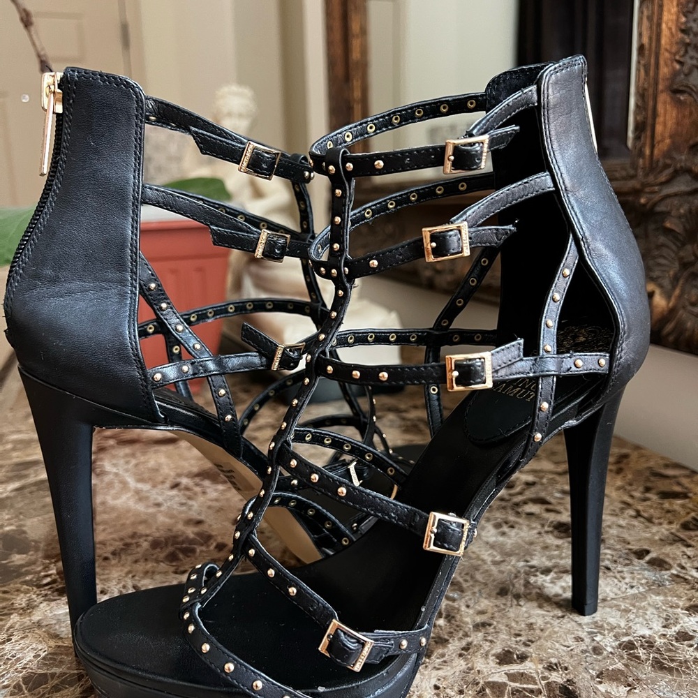 Cynthia Vincent Black and Gold Gladiator Heels
